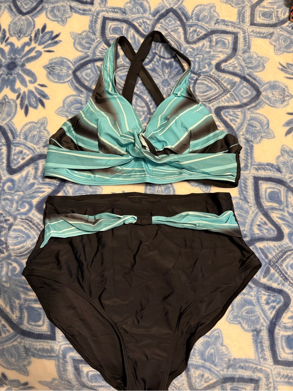 High-Waist Two-Piece Bikini Set in Aqua Stripe Size Medium  NWOT